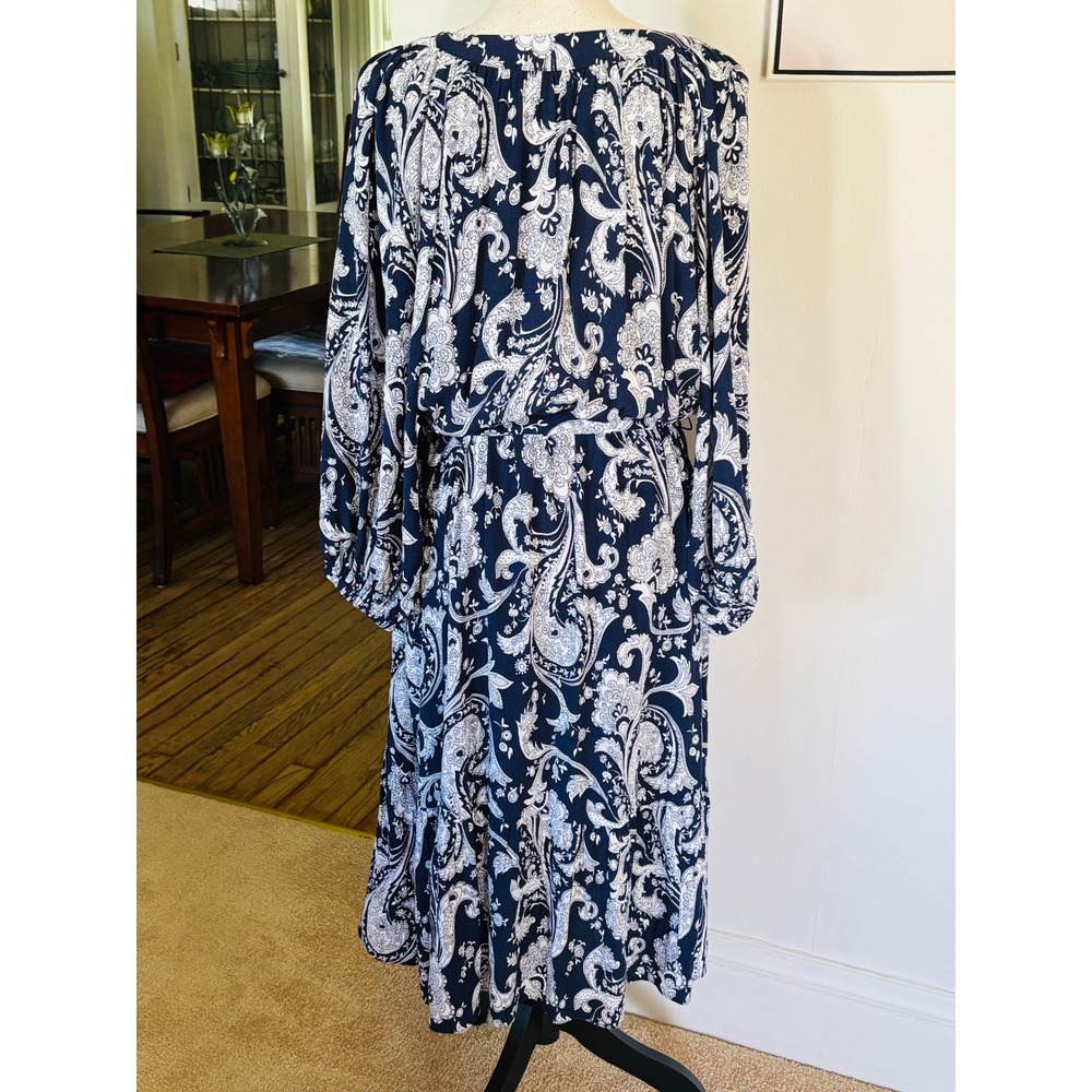 Talbots Plus Navy White Paisley Midi Dress with Belt Sz 1X High Low Hem - Picture 4 of 11